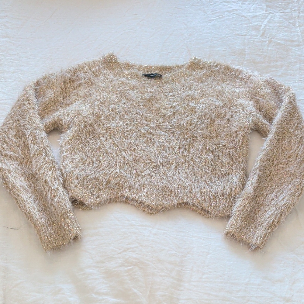 Bebe Gold and Cream Fuzzy Sweater